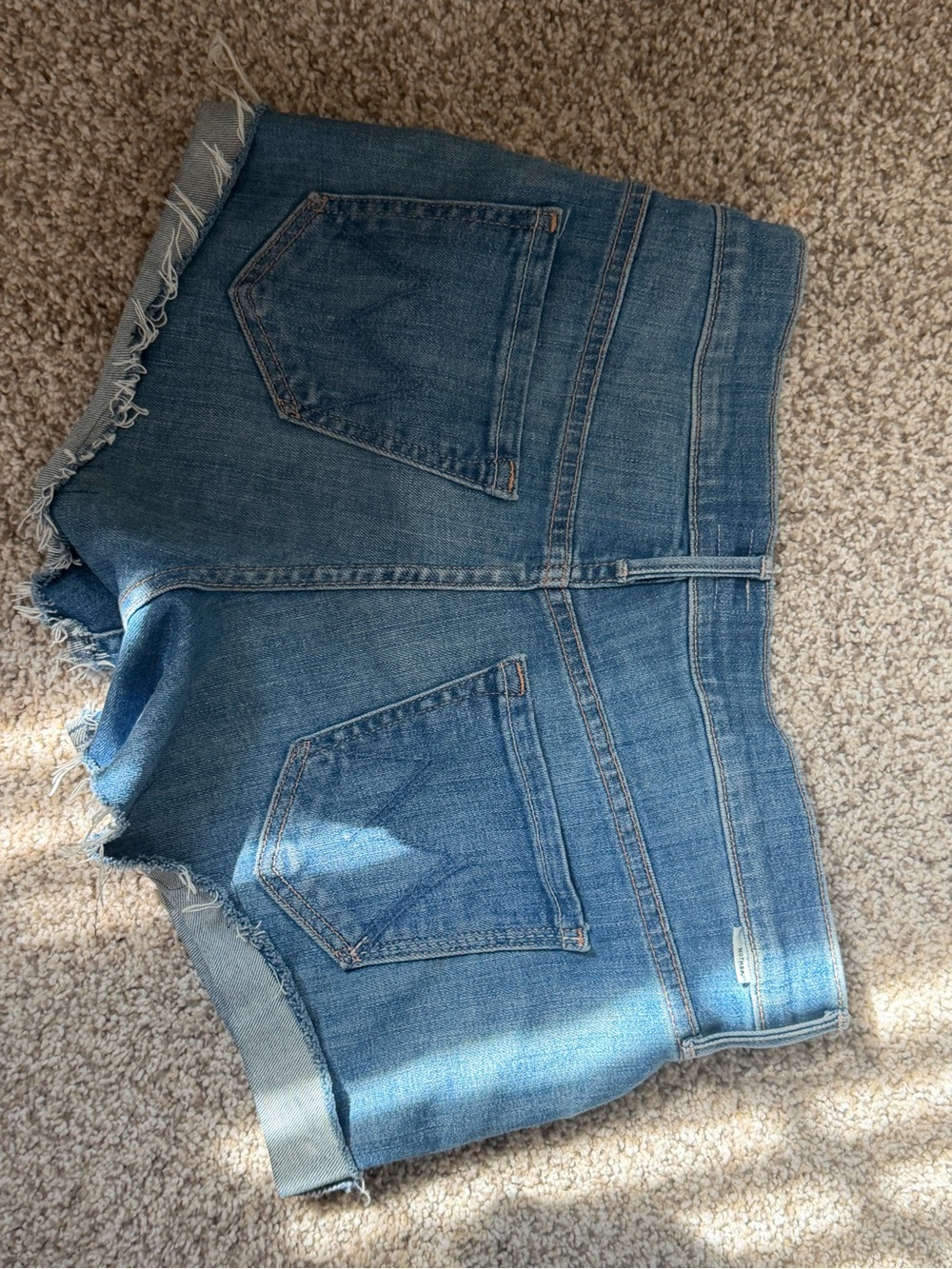 MOTHER Light Blue Denim Shorts with Frayed Waistband Detail - Picture 3 of 3